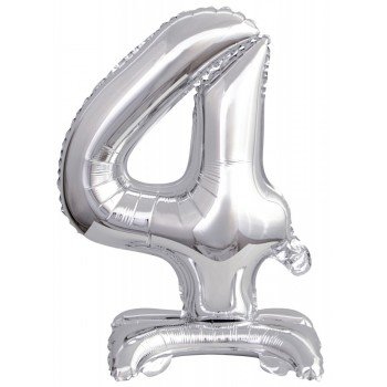 Silver, Ezüst mini 4-es szám fólia lufi talppal 38 cm Silver, Ezüst mini 4-es szám fólia lufi talppal 38 cm