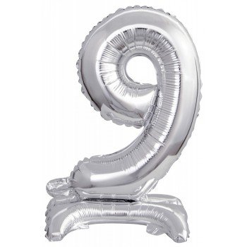 Silver, Ezüst mini 9-es szám fólia lufi talppal 38 cm Silver, Ezüst mini 9-es szám fólia lufi talppal 38 cm