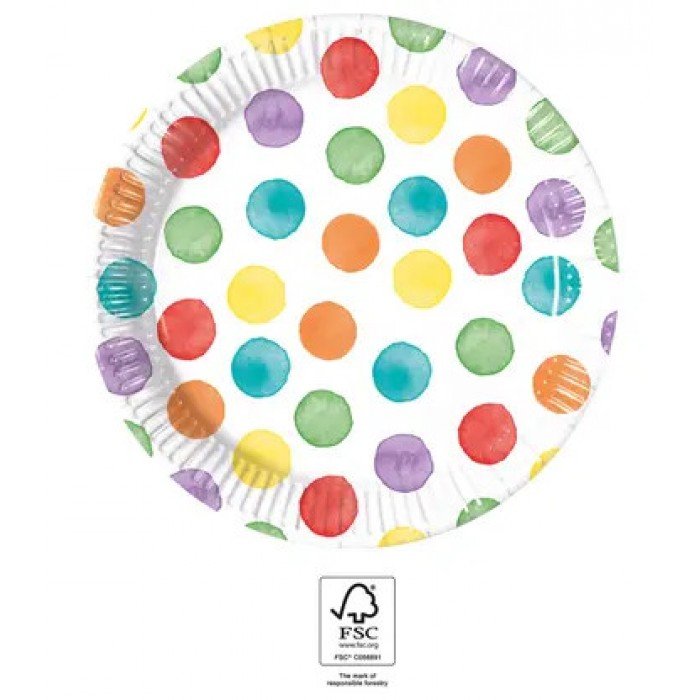 Color Party Dots, Színes papírtányér 8 db-os 20 cm FSC