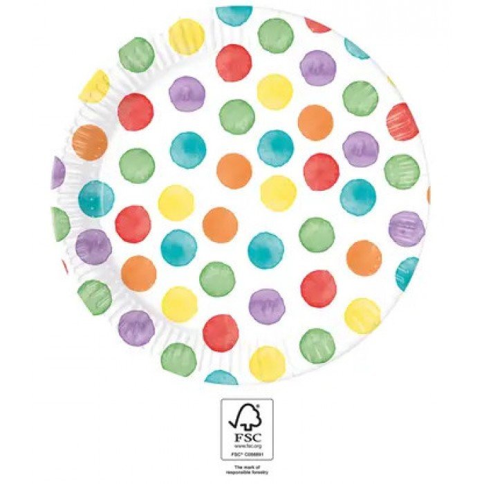 Color Party Dots, Színes papírtányér 8 db-os 23 cm FSC