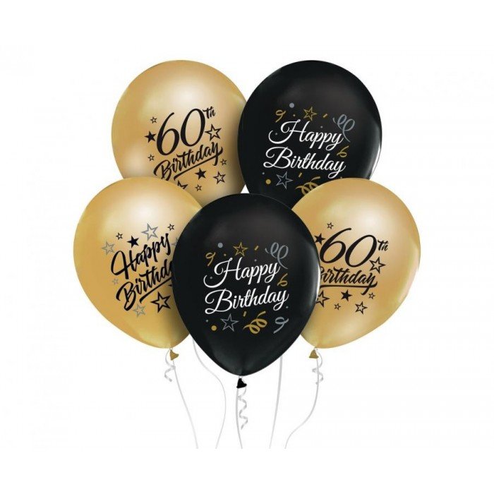 Gold-Black, Arany-Fekete Happy Birthday 60 léggömb, lufi 5 db-os