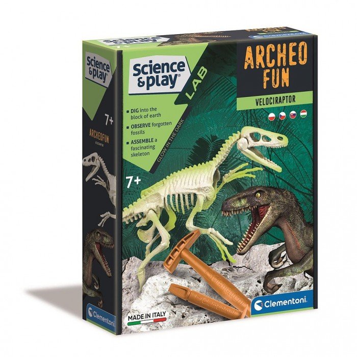Világító velociraptor Archeo Fun régészeti készlet Clementoni Világító velociraptor Archeo Fun régészeti készlet Clementoni