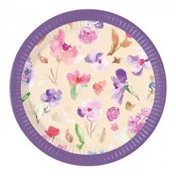 Watercolor Flowers, Virág papírtányér 8 db-os 23 cm