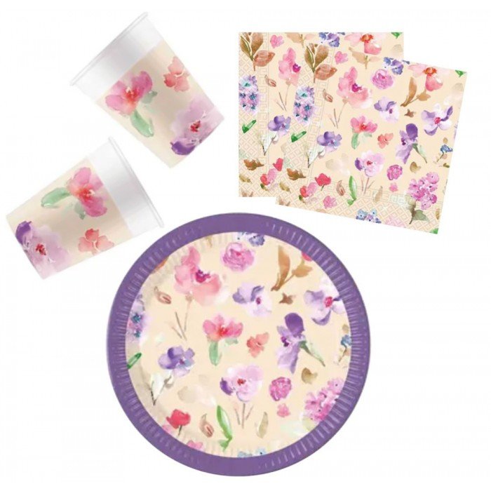 Watercolor Flowers, Virág party szett 36 db-os 23 cm-es tányérral Watercolor Flowers, Virág party szett 36 db-os 23 cm-es tányérral