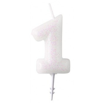 White, Fehér csillámos gyertya 1-es 6,5 cm White, Fehér csillámos gyertya 1-es 6,5 cm
