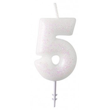 White, Fehér csillámos gyertya 5-ös 6,5 cm White, Fehér csillámos gyertya 5-ös 6,5 cm