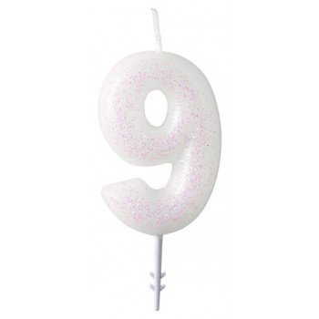 White, Fehér csillámos gyertya 9-es 6,5 cm White, Fehér csillámos gyertya 9-es 6,5 cm